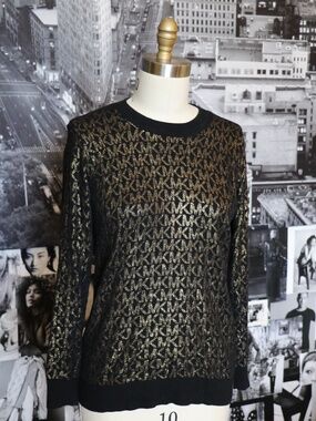 Michael Kors MK Logo Black Gold Monogram Knit Sweater